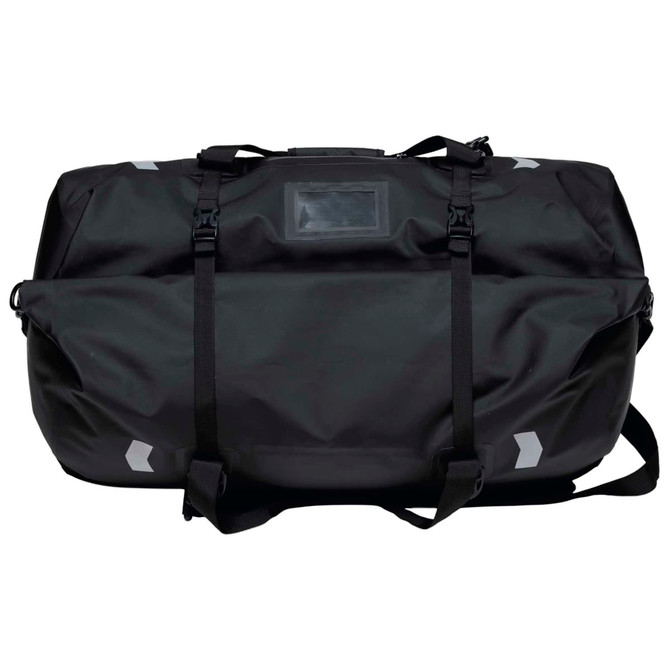 A black duffle bag with reflective accents and adjustable straps. It includes a logo and a sturdy design.
