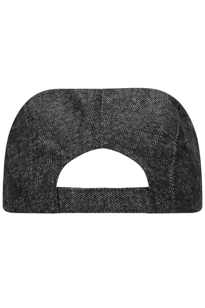 A grey herringbone cap with an open back, featuring a textured fabric and a seamless design.