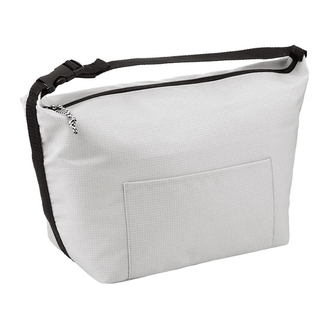 A grey cooler bag with a shoulder strap and front pocket, featuring a logo. Suitable for carrying lunch and drinks.