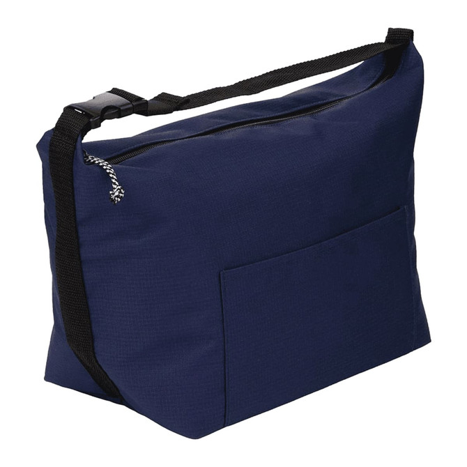 A navy blue lunch cooler bag with a shoulder strap and a front pocket, featuring a logo on the side.