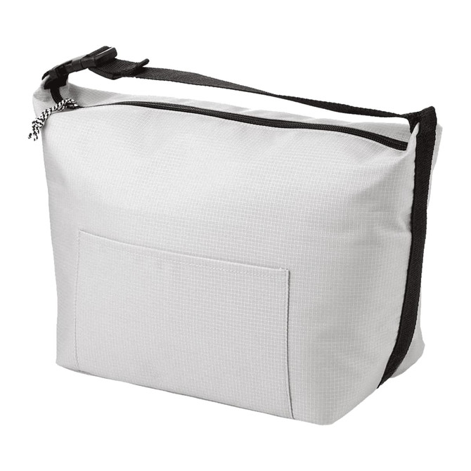 A grey cooler bag with a black strap and a pocket on the front, featuring a logo.