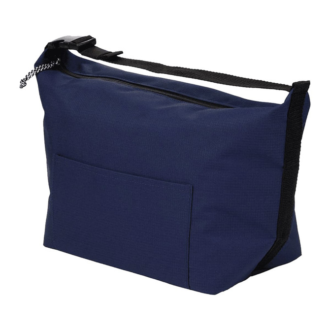 A navy blue cooler bag with a zippered top, featuring a side pocket and a shoulder strap. Includes a logo.