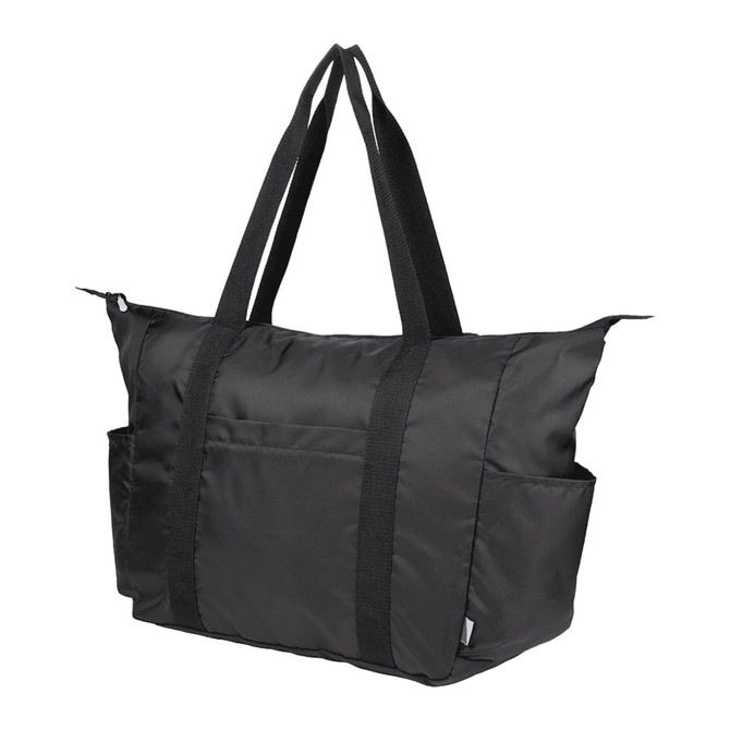 A packable travel duffel bag in black, featuring sturdy handles and multiple exterior pockets. It has a logo present.