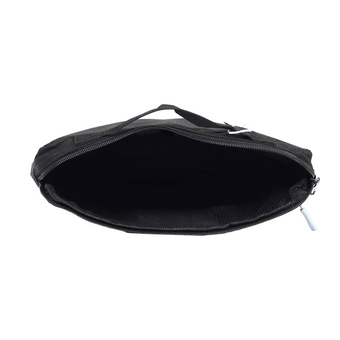 A black organiser case with a zip closure and a handle, featuring a spacious interior.