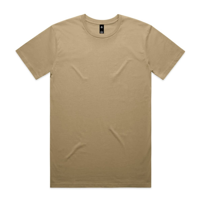 A plain beige T-shirt with a round neckline and short sleeves, featuring a logo on the tag.