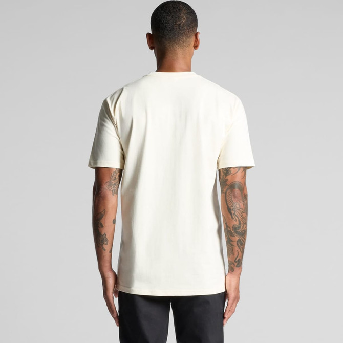 A classic cream T-shirt featuring short sleeves and a rear view, with a logo on the back.