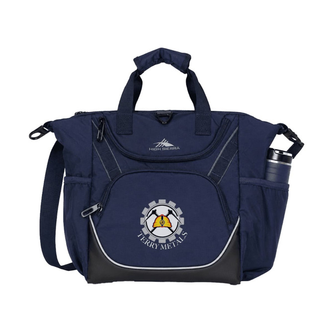 A navy blue cooler bag with multiple compartments and a drink bottle holder. It features a logo on the front.