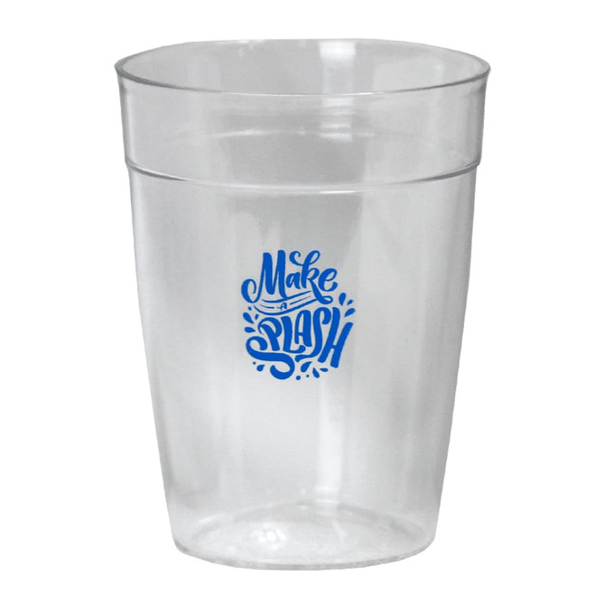 A clear plastic cup with a blue logo, designed as a Tritan Carry Cup for drinkware.