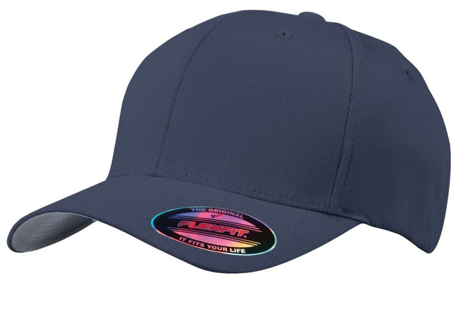 A navy blue Flexfit cap featuring a curved brim and a logo on the front.