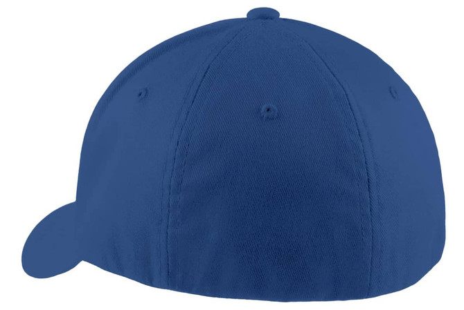 A blue Flexfit cap with a curved brim, featuring stitching and a branded logo on the side.