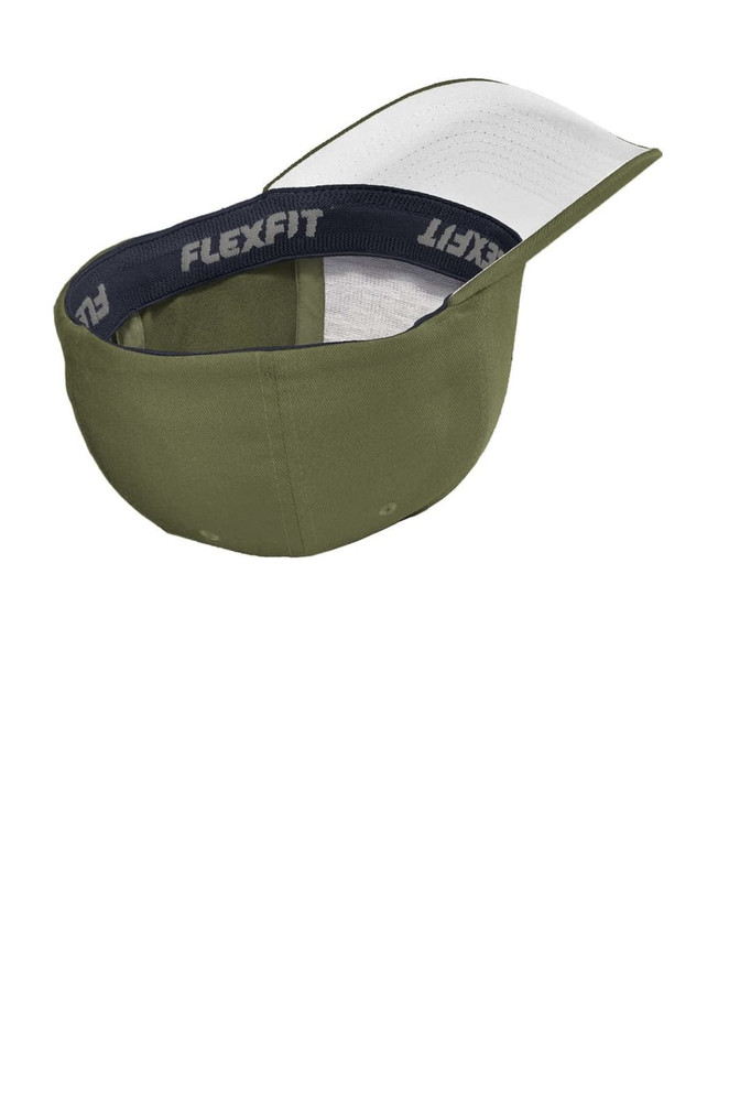 An olive green cap with a white interior and a branded sweatband featuring "FLEXFIT".