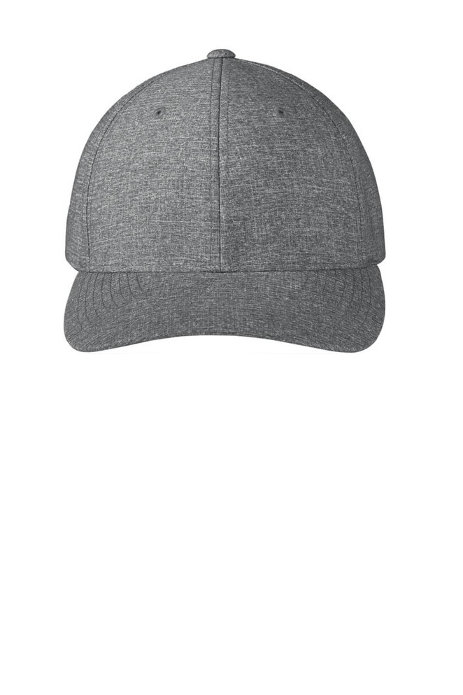 A grey performance snapback cap with a structured fit and a logo on the front.