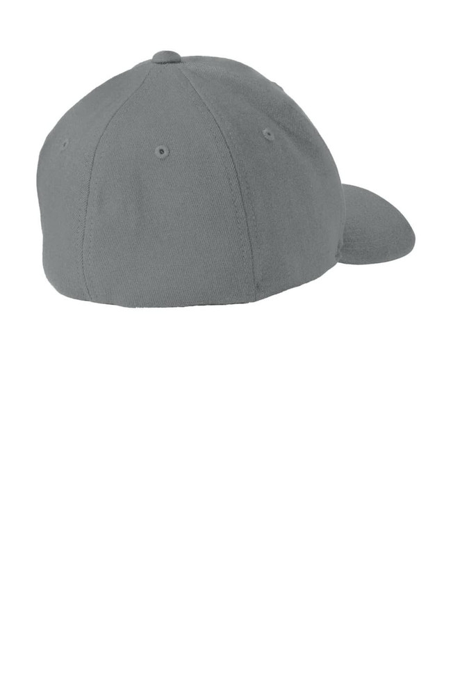 A grey wool blend cap with a rounded back and a stiff brim, featuring a logo on the side.
