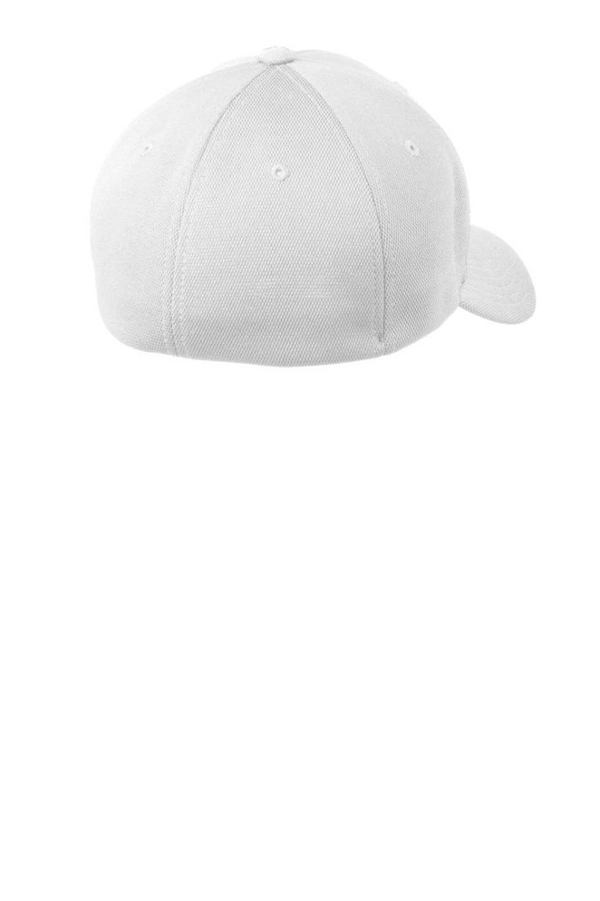 A white flexfit cap with a mesh design, featuring a curved brim and a single logo on the back.