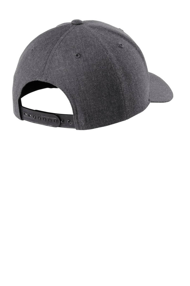 A grey snapback cap with a curved bill and an adjustable strap at the back, featuring a logo.
