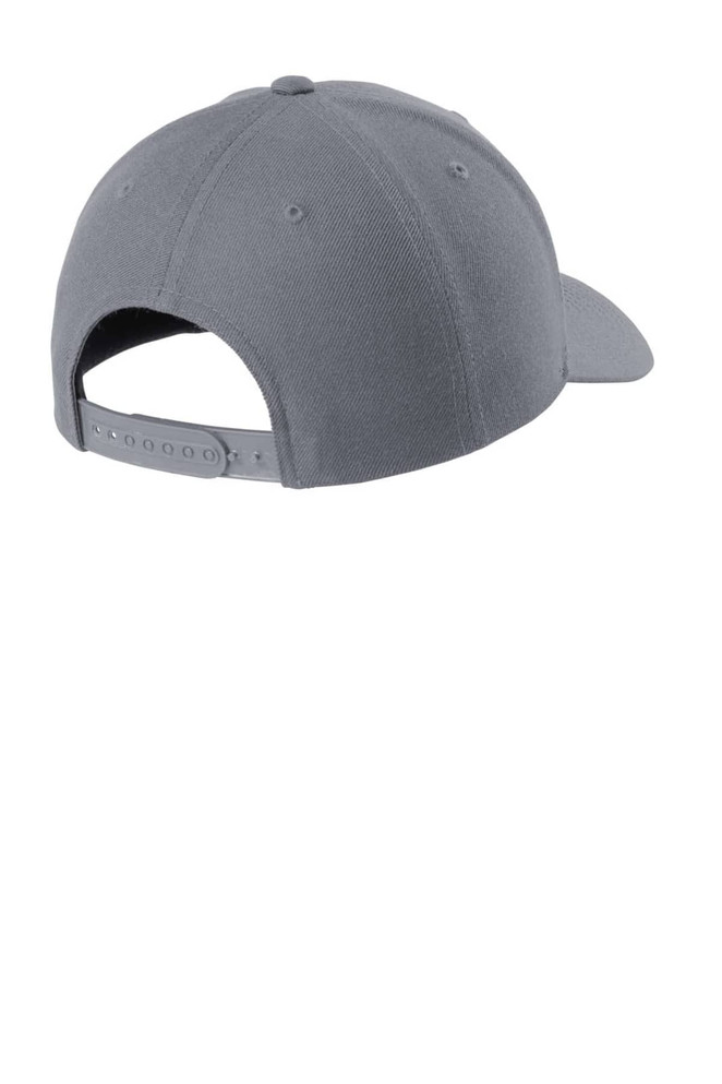 A grey snapback cap featuring a curved bill and an adjustable strap at the back, with a visible logo.