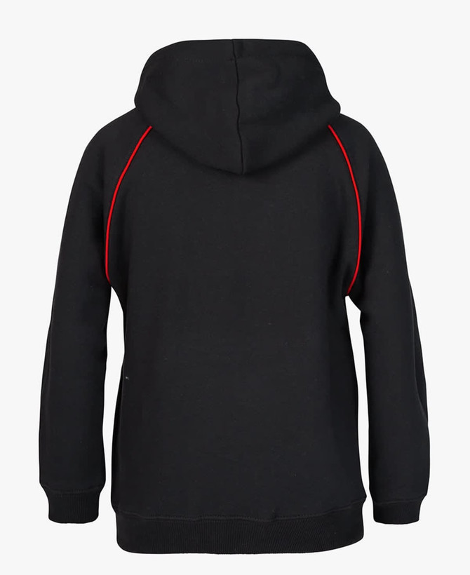A black hoodie featuring red contrast stitching and a hood, with a logo on the back.