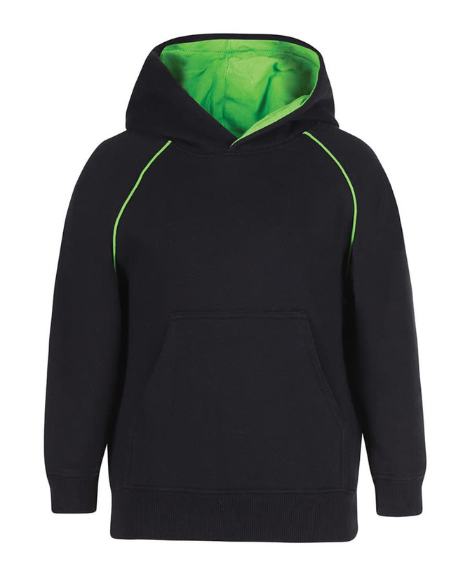A black hoodie with a green inner lining and contrast stitching, featuring a front pocket and a hood.