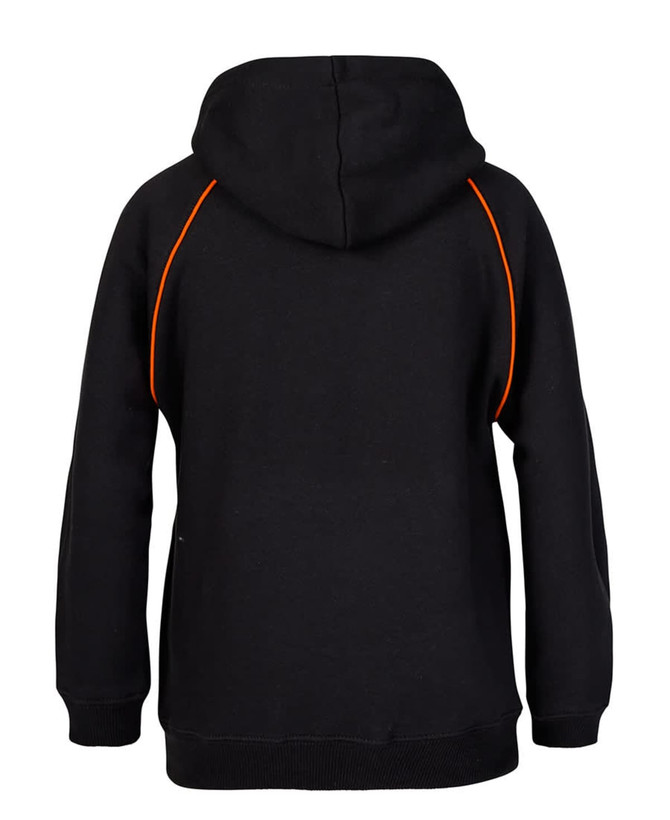 A black hoodie with orange contrast stitching, featuring a hood and long sleeves. It has a logo on the garment.