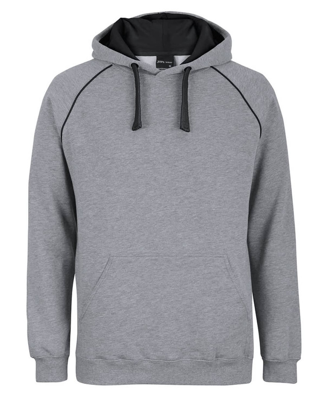 A grey hoodie with a black contrast hood, featuring a front pocket and a logo.