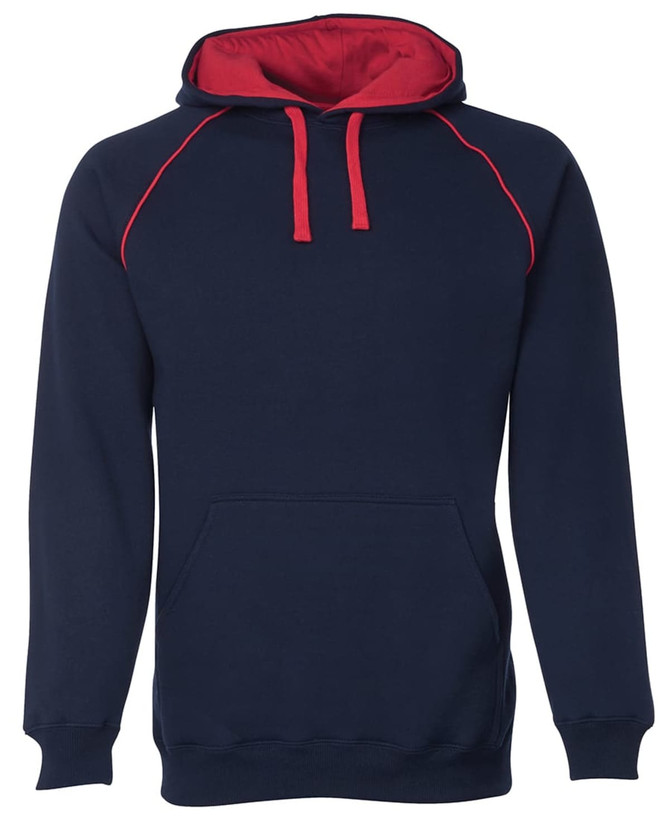 A navy blue hoodie with contrasting red accents on the hood and drawstrings, featuring a front pocket and logo.