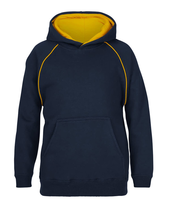 A navy hoodie with a yellow contrast lining, featuring a front pocket and a logo.