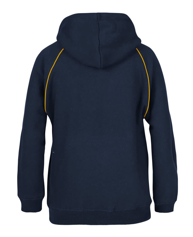 A navy hoodie featuring contrast yellow stitching and a hood. Includes a logo on the front.