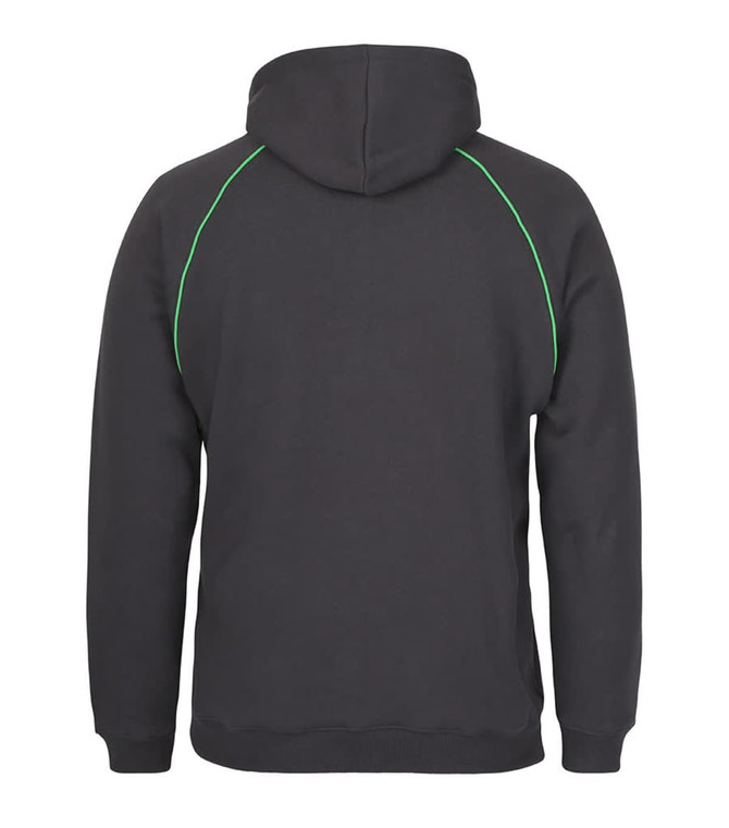A black hoodie with green contrast stitching, featuring a hood and a logo on the back.