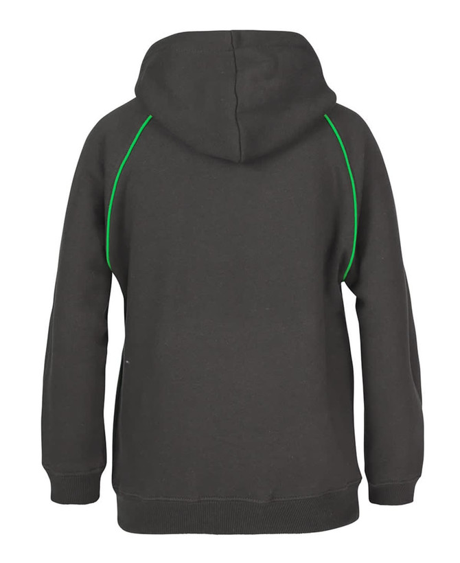 A black hoodie featuring green contrast stitching along the seams and a hood at the back.
