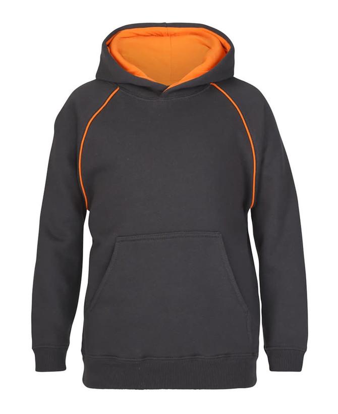 A black hoodie with an orange interior and contrasting stitching. It features a front pocket and a hood.