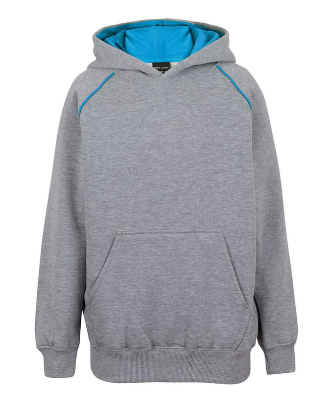 A grey hoodie with a blue interior lining and contrasting blue stitching. It has a front pouch pocket and a logo.