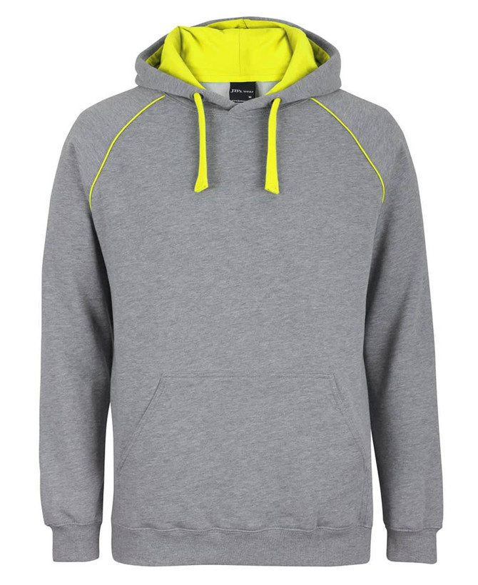 A grey hoodie featuring a contrasting neon yellow hood and detailing, complete with a front pocket and a logo.
