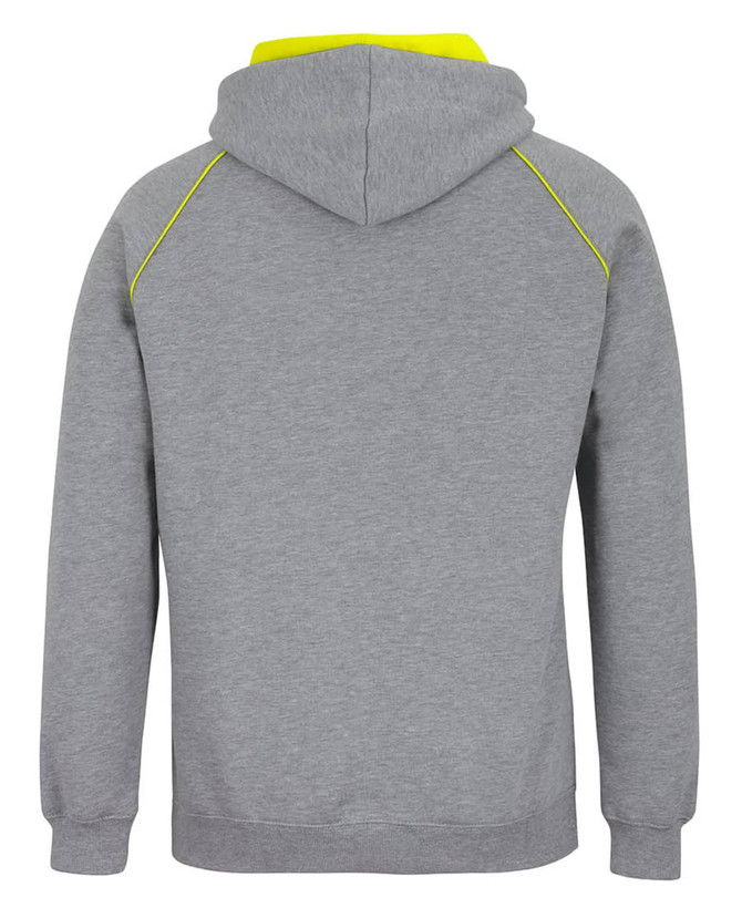 A grey hoodie with a contrasting neon yellow trim and a hood. It features a logo on the back.