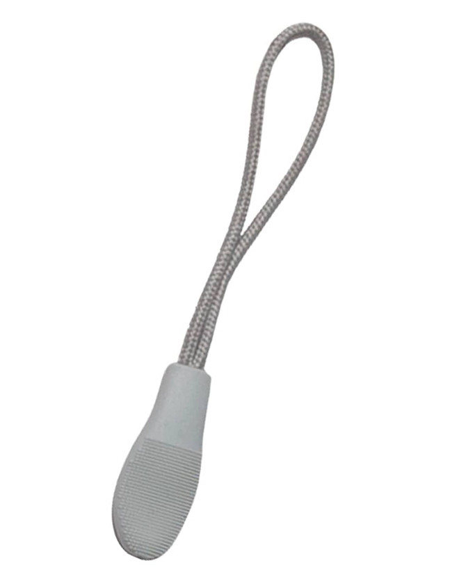 A grey changeable zip puller with a textured grip and a flexible loop for attachment.