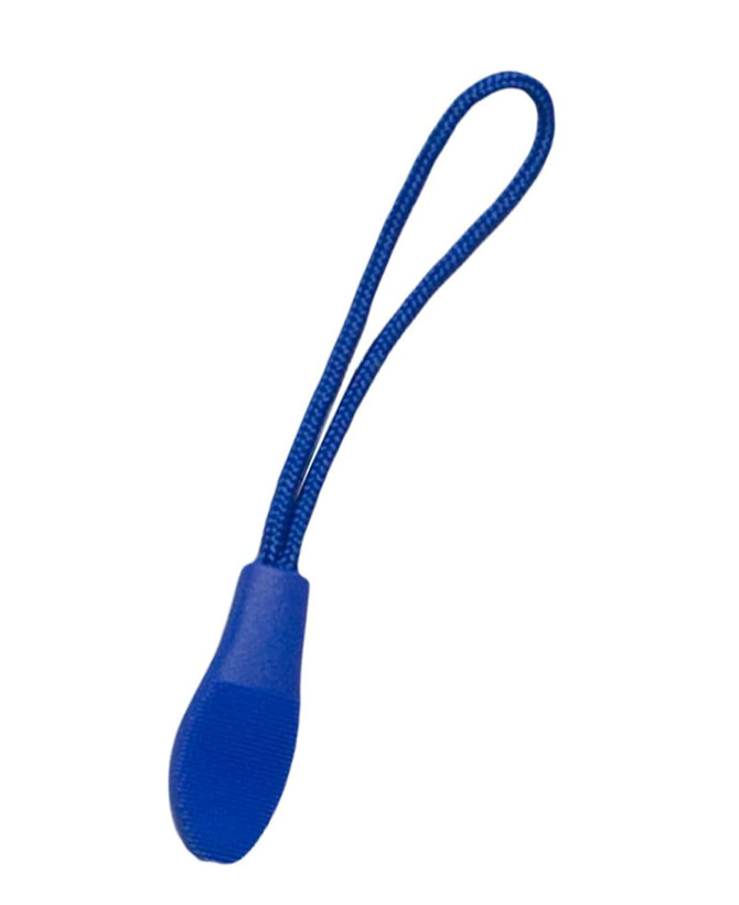 A blue changeable zip puller with a looped attachment, designed for clothing accessories.