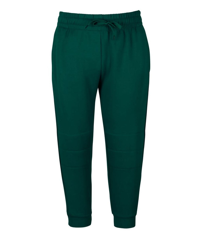 Dark green track pants with an elastic waistband and drawstring detail. Features stylish stitching and a fitted ankle design.