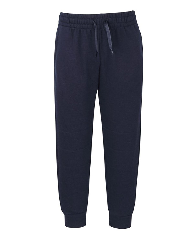 Navy track pants with an elastic waistband and cuffs, featuring a branding logo.