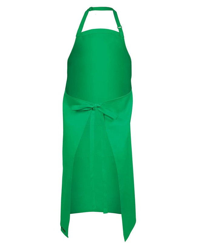A green apron featuring a tie at the waist and a neck strap, with a logo at the bottom.