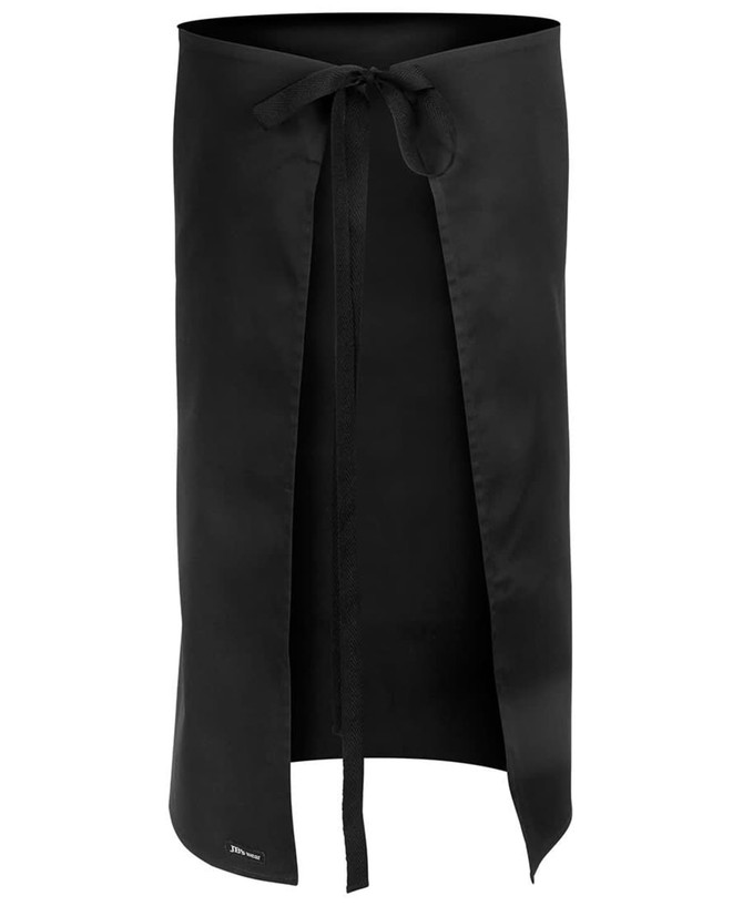 A black apron with a tie closure, featuring a simple design and an unobtrusive logo.