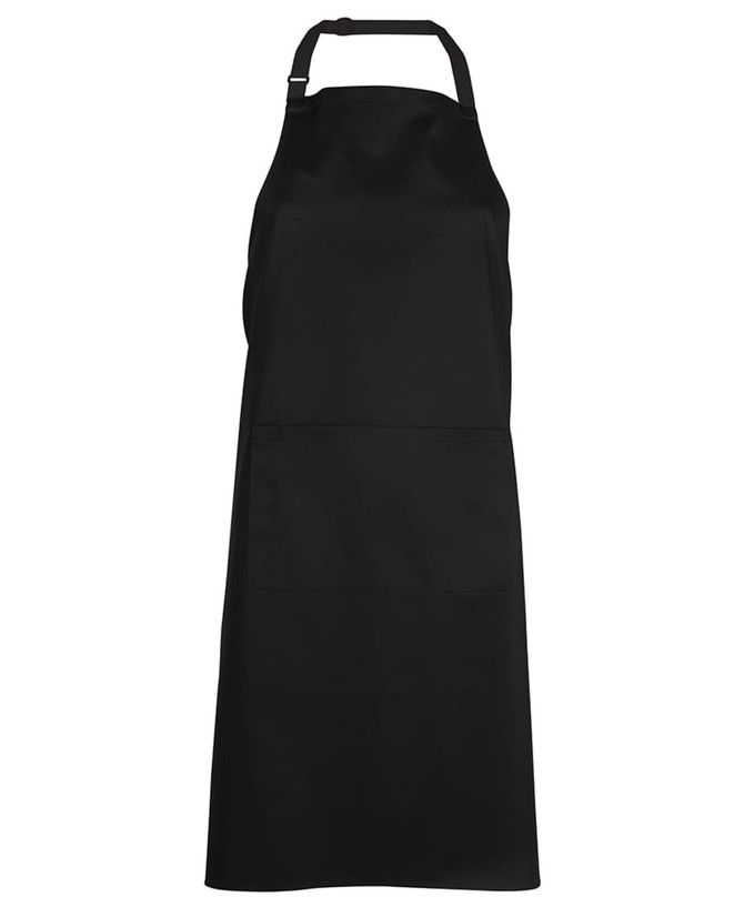 A black apron with a front pocket and adjustable neck strap, featuring a logo.