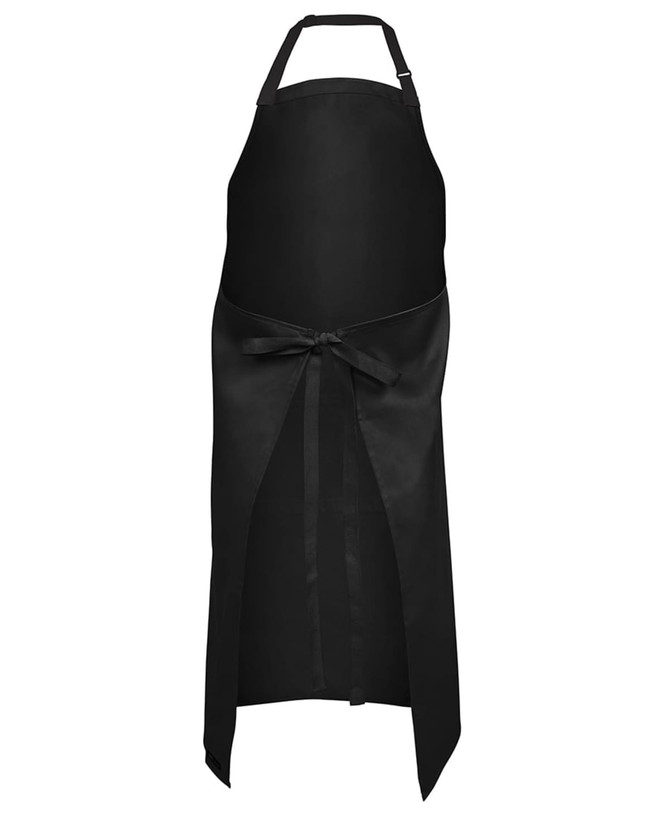 A black apron with a tie waist and adjustable neck strap, featuring a logo.