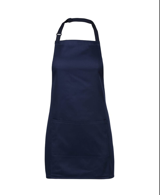 A navy blue apron featuring a pocket and an adjustable neck strap, designed for workwear use.