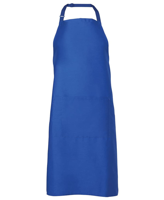 A blue apron featuring a front pocket and an adjustable neck strap, with a logo present.