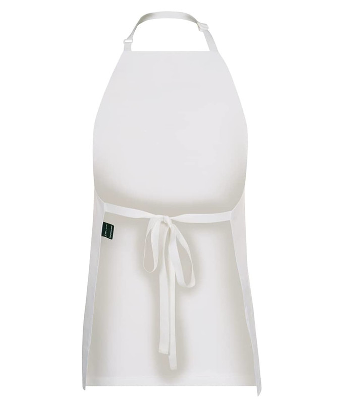 A white apron with a tie at the waist and a logo, suitable for workwear purposes.
