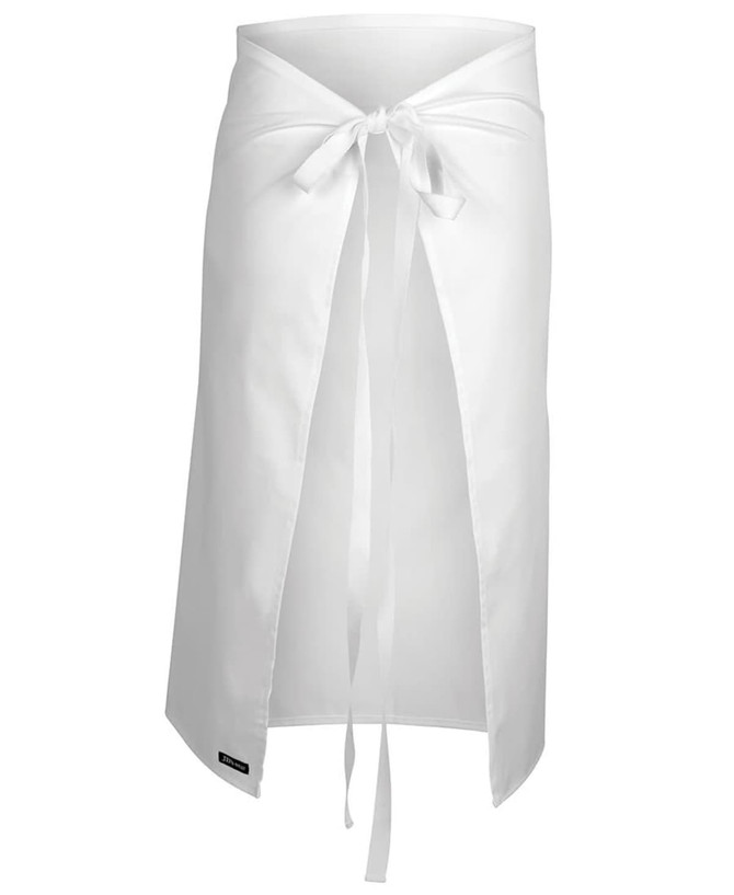 A white apron with a tie closure, featuring a sleek design and a branding label at the bottom.