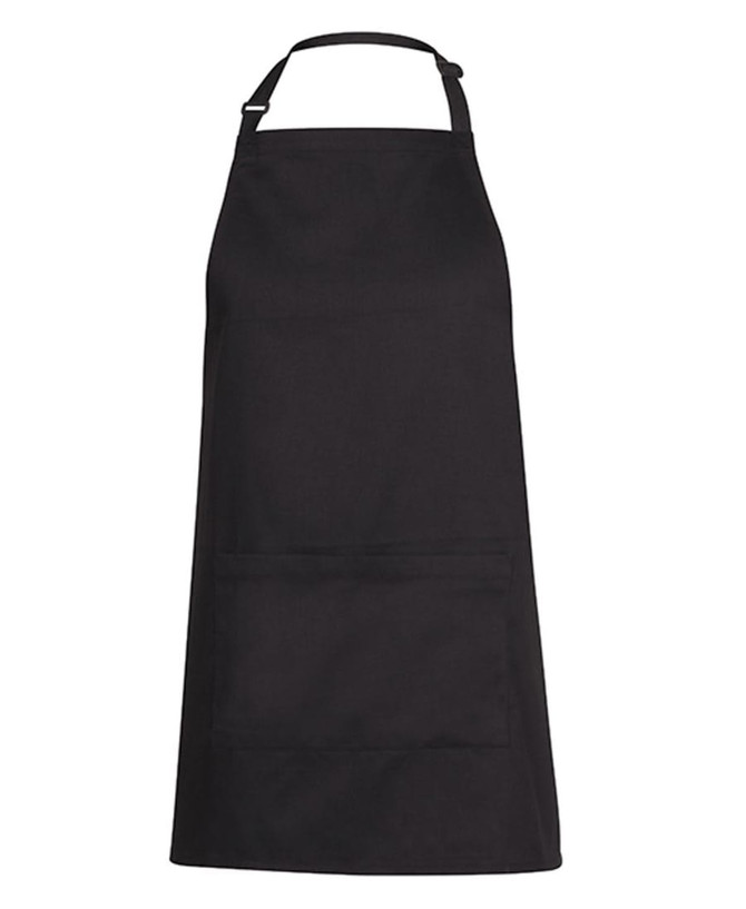A black work apron featuring a pocket and an adjustable neck strap, with a logo present.