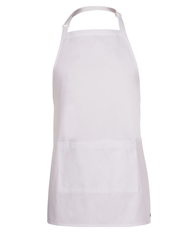 A plain white apron with a front pocket and a neck strap. It features a logo.