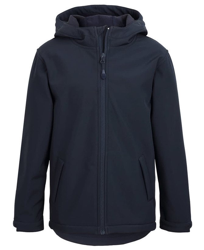 A navy three-layer hooded softshell jacket with a front zipper and side pockets, featuring a logo.