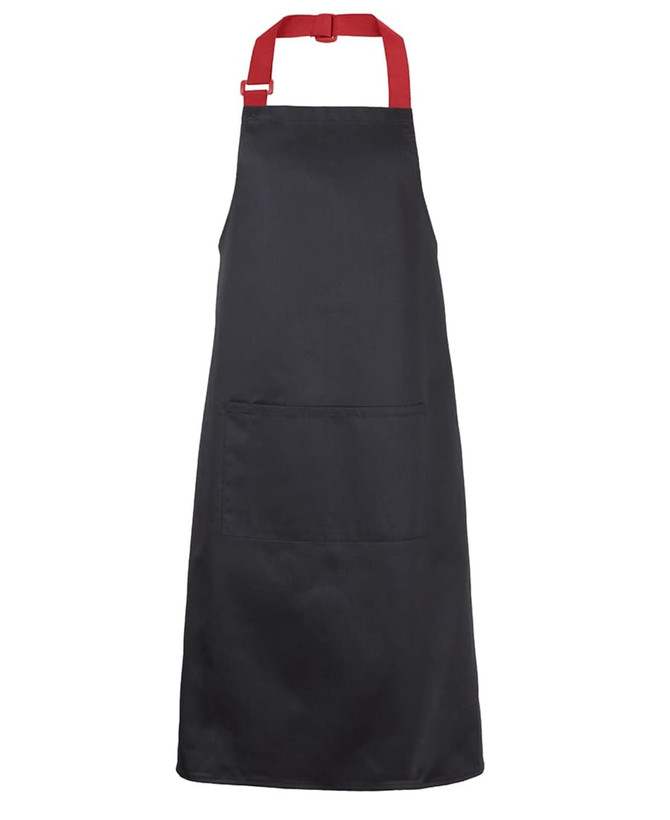 A black apron with red straps and a front pocket, featuring a logo on the chest area.