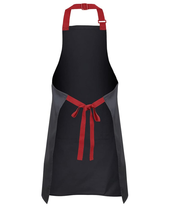 A black apron with red straps and ties, featuring a logo. Ideal for workwear use.